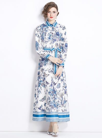 Retro Printed Lapel Long Sleeve Dress