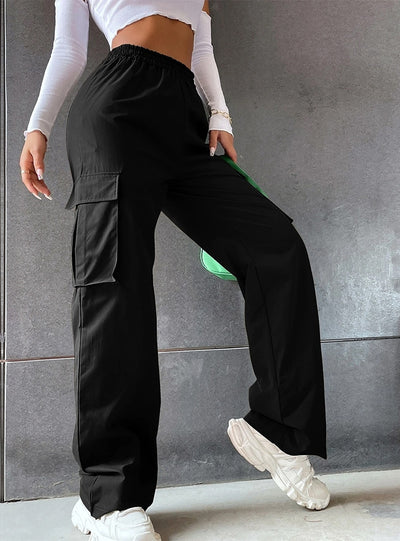 Solid Color Elastic Waist Pocket Pant