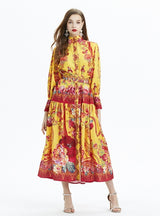 Printed Long-sleeved Silm Waist Ruffled Dress