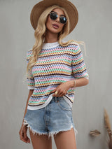 Spliced Hollow Loose Round Neck Striped Sweater