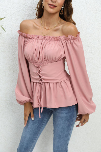 Pleated Lantern Sleeve Long Sleeve Shirt Top