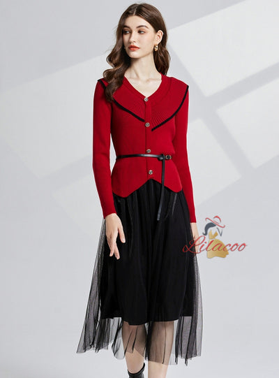 V-neck Knit Cardigan+Gauze Skirt Two-piece Suit