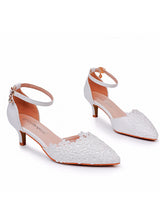 5 cm Thin Heel Pointed White Lace Wedding Shoes