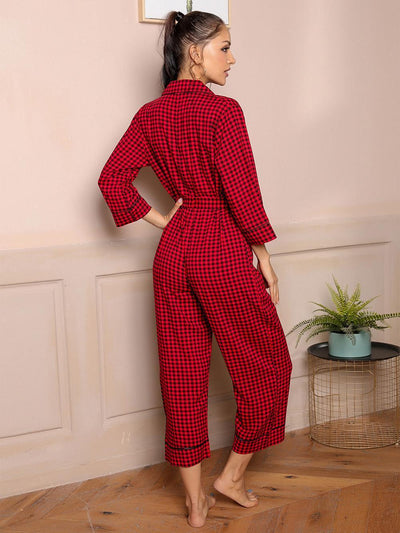 Long-sleeved V-neck Plaid Jumpsuit