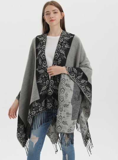 Split Shawl Warm Fringed Cloak Scarf