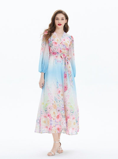 Lantern Sleeve Printed V-neck Chiffon Ruffled Dress