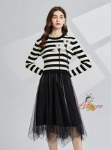 Three-dimensional Flower Round Neck Striped Contrast Dress