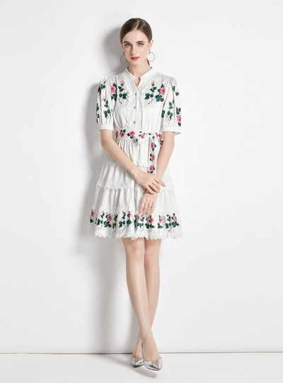 V-neck Bubble Sleeve Lace Print Dress