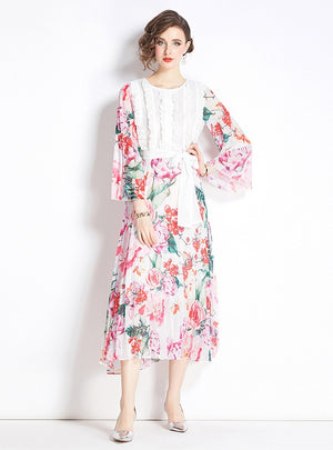 Positioning Printed Stitching Pleated Big Swing Dress