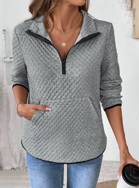 Waffle V-neck Zipper Pocket Top