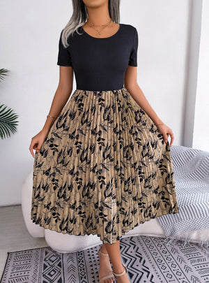 Casual Leaf High Waist Pleated Medium-long Dress