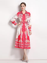 Lapel Slim Print Shirt Collar Long Sleeve Dress