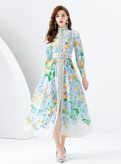 Retro Lantern Sleeves Printed Dress