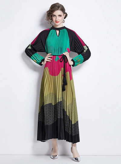 Printed Lantern Sleeve Pleated Tassel Belt Dress