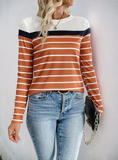 Casual Long Sleeve Round Neck Striped T-shirt