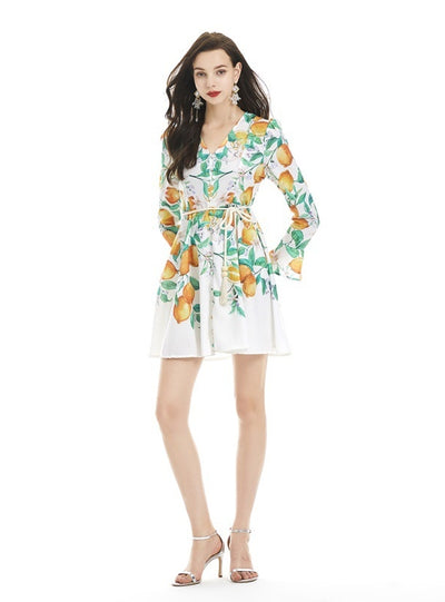 Lotus Leaf Sleeve V-neck Print Long Sleeve Dress