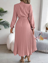 High Neck Long Sleeve Pleated Dress