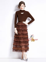 Long Sleeve Round Neck Knit Top+Skirt Two Pieces Suit