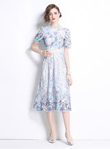 Slim Lace Print Short Sleeve Long Dress