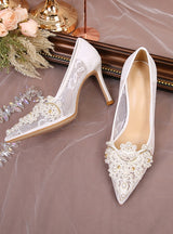 Summer Mesh Pointed High Heels Pearls Shoes