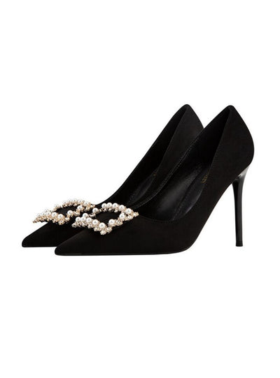 Pointed Pearl Rhinestone Square Buckle Shoes