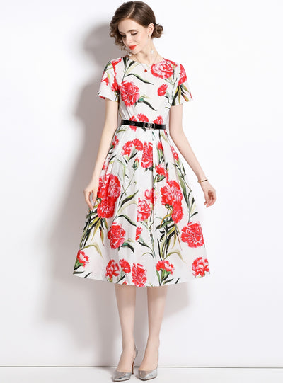 Retro Printed Round Neck Slim Short Sleeve Dress