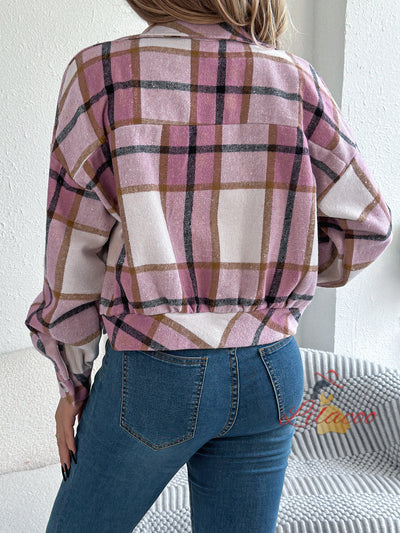 Plaid Fake Pocket Long Sleeve Jacket Coat