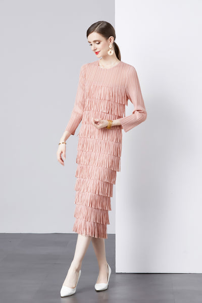 Long Sleeve Cake Pleated Fringed Dress