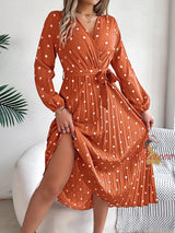 V-neck Pleated Polka Dots Long Dress