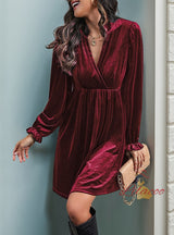 Long Sleeve V-neck Velvet Dress