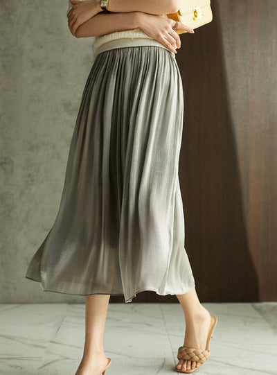 Women Silk Milk Pleats Skirt