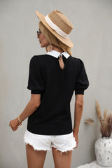 Pullover Short Sleeve Solid Color Lapel Sweater