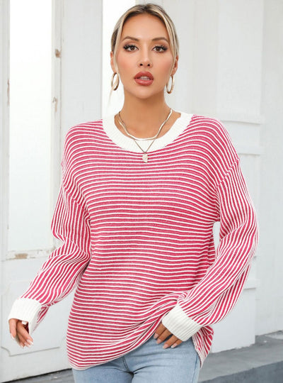 Colour Matching Round Neck Striped Pullover Sweater