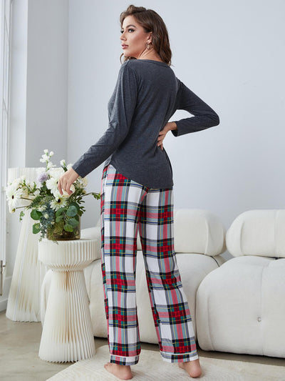 Long Sleeve Plaid Pajamas Suit