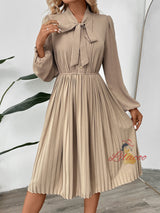 Butterfly Solid Color Buckle Pleated Dress