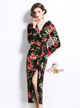 Three-dimensional Flower Split Slim Print Dress