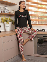 Printed Long Sleeve Leopard Print Trousers Pajamas Set