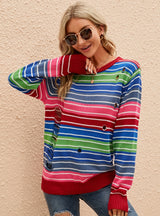 Long-sleeved Round Neck Striped Holes Sweater