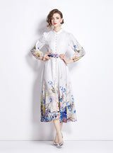 Retro Standing Lantern Sleeve Printed Long Sleeve Dress