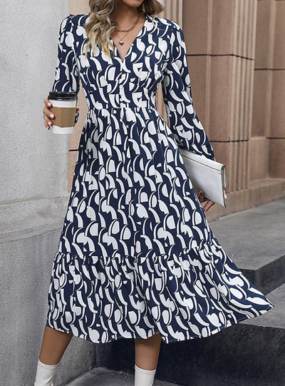 Long Sleeve V-neck Printed Dress