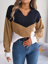 Leisure Lapel Contrast Color Long Sleeve Sweater