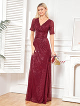 Burgundy Sequins V-neck Short Sleeve Prom Dress