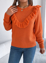 Solid Color Ruffled Long-sleeved Sweater