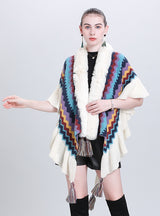 Colored Striped Scarf Fur Ball Shawl Cloak