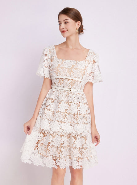 Solid Color Lace Square Collar Short Sleeve Dress