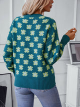 Flower Jacquard V-neck Sweater