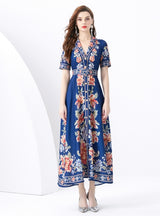 Short-sleeved Plant Print Long Dress