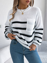 Contrasting Striped Pocket Lantern Sleeve Sweater