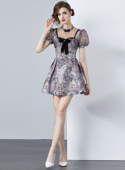 Bow Retro Print Slim Short Dress