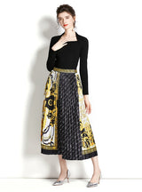 Retro Square Neck Long Sleeve Top+Printed Pleated Skirt Suit